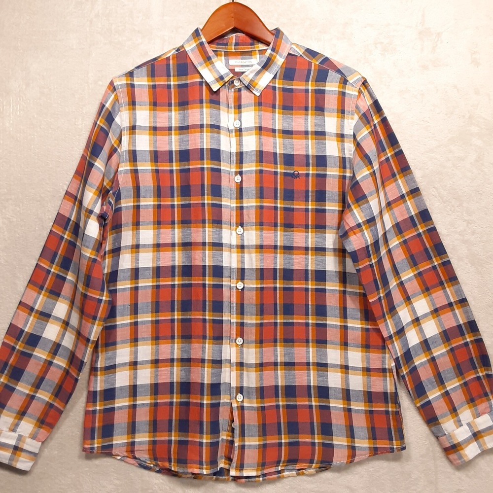 Stile Benetton Mens Long Sleeve Button Shirt Sz.Large/Multicolor/Linen-Cotton